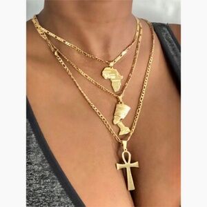 3 piece SET Ankh necklace , mini africa necklace and Nefertiti